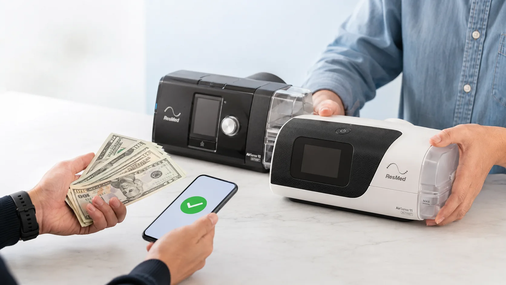 A ResMed AirSense 11 handed across a counter while cash and a payment confirmation on a phone come back the other way.